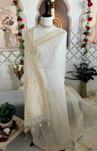 Banarasi Cotton Patola Saree | Off-White | Gold Zari | Handwoven | Ships from California